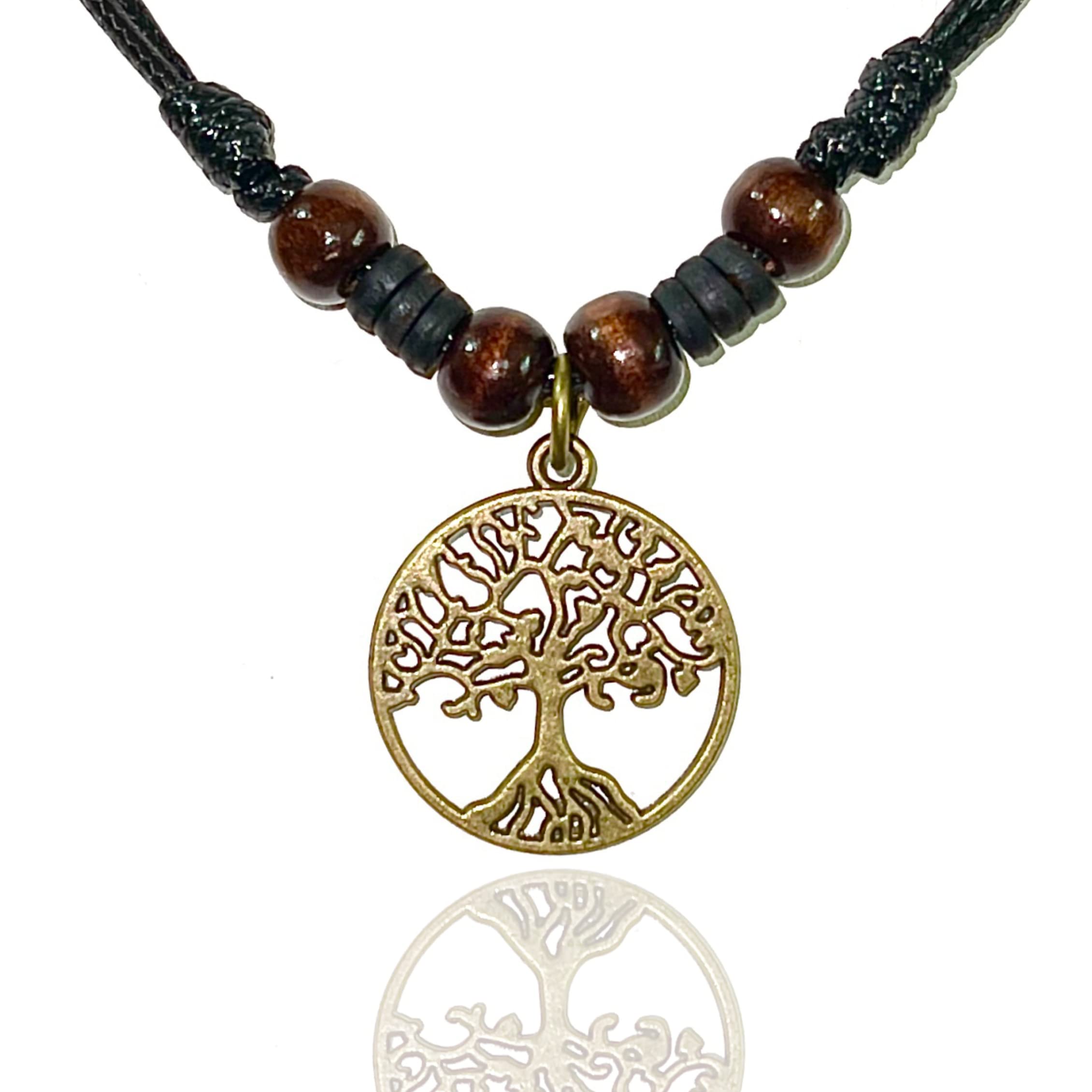 Celtic Tree of Life Pendant Necklace Wood Beaded with Adjustable Black Cord Mens Womens