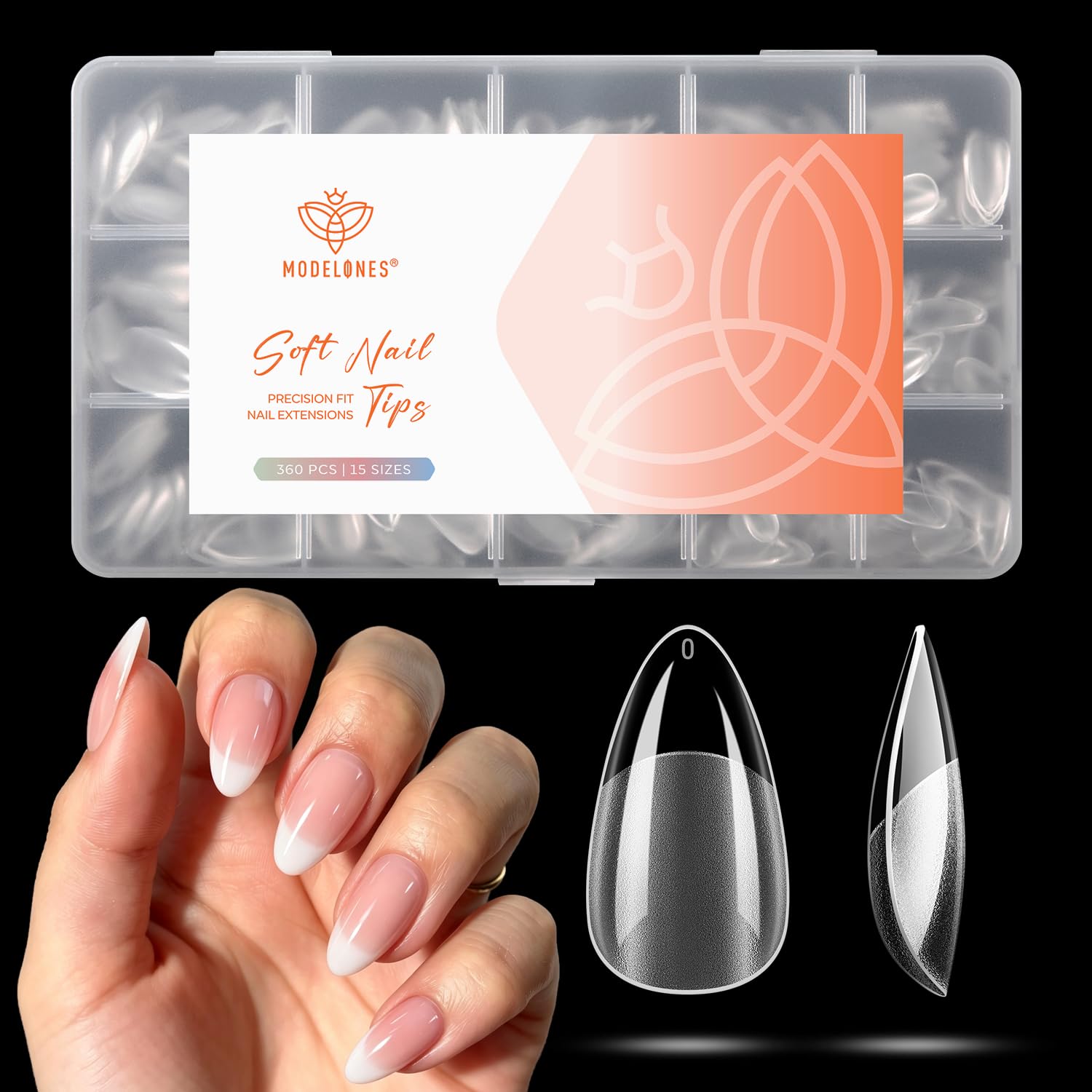 Modelones Short Almond Nail Tips 360pcs Clear Pre-etched Fake Press On Nail