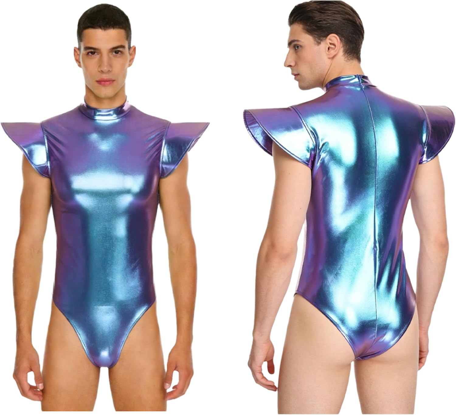 Linjinx Mens One-piece Jumpsuit Shiny Metallic Sleeveless Leotard Fly Sleeve Full-bodysuit Bodycon Rompers