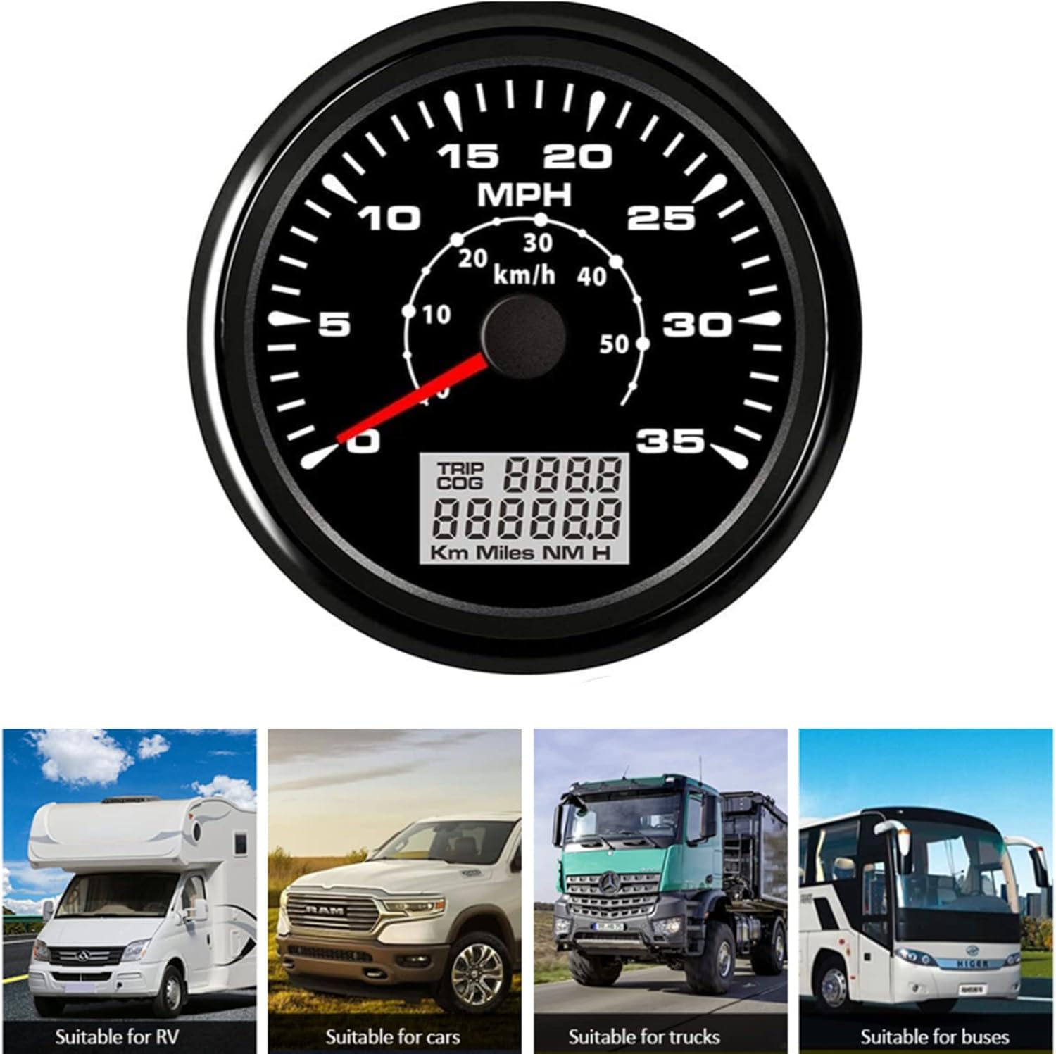 Geloo 85MM Boat GPS Speedometer Gauge 35 MPH 50 km/h Marine MPH Speedometer Waterproof Speedometer Odometer for Boat Truck Motorcycle Automotive Replacement Speedometers with 7 Colors Backlight 9-32V