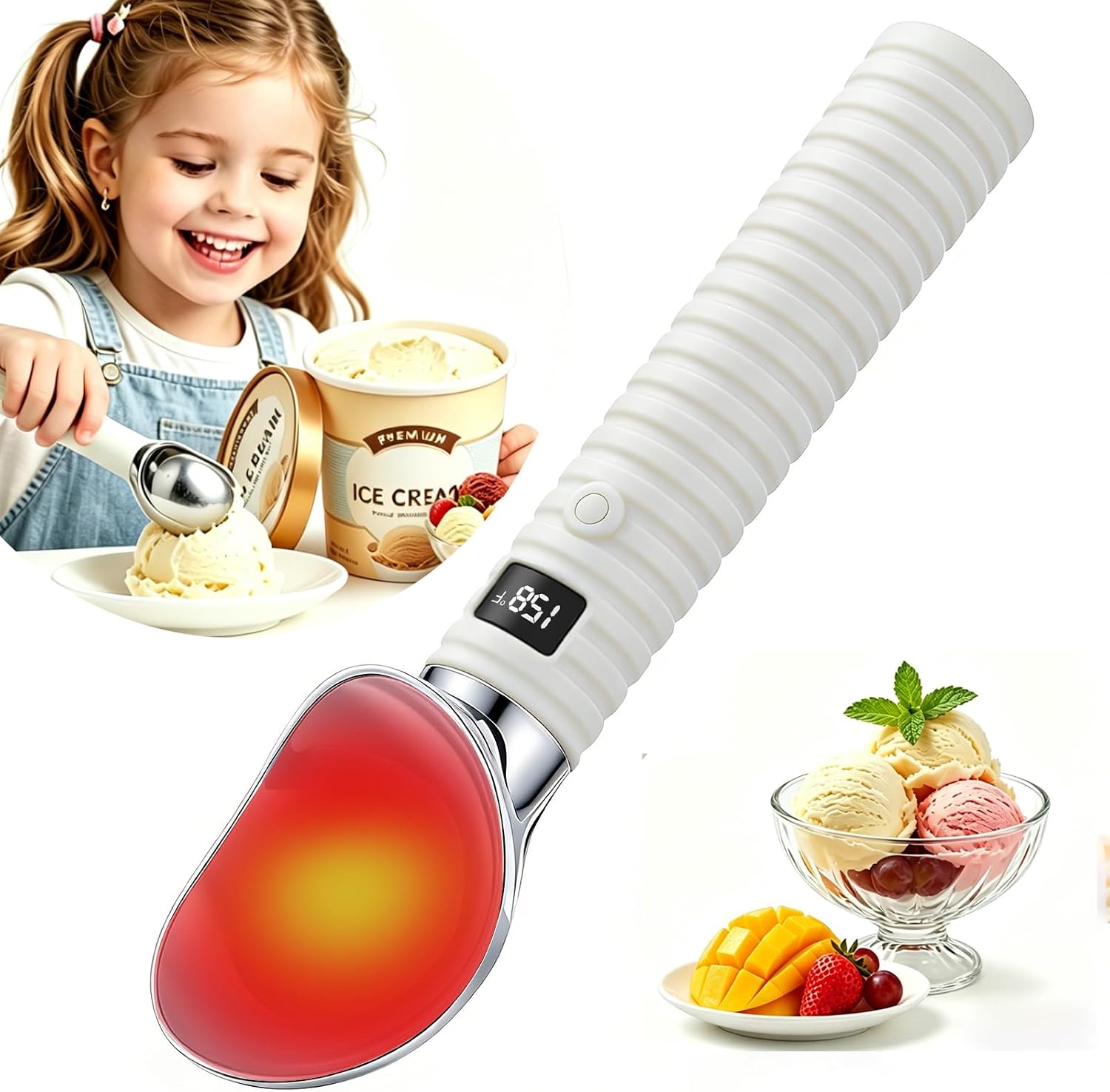 heated Ice Cream Scoop Rechargeable | Electric Icecream Scooper with 2-Level Adjustable Heats - 131/158℉, LED Display, 2000mAh Capacity | for Hard Ice Cream