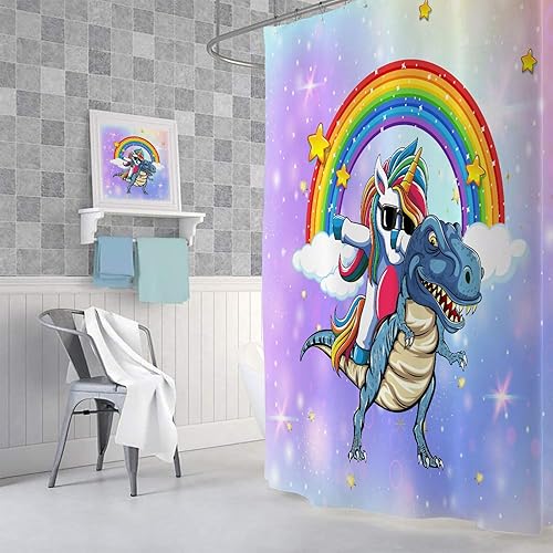 Miniatura 4 de MERCHR Bonita cortina de ducha de dinosaurio con diseño de unicornio para el baño de los niños, divertido juego de cortinas de ducha de tela con