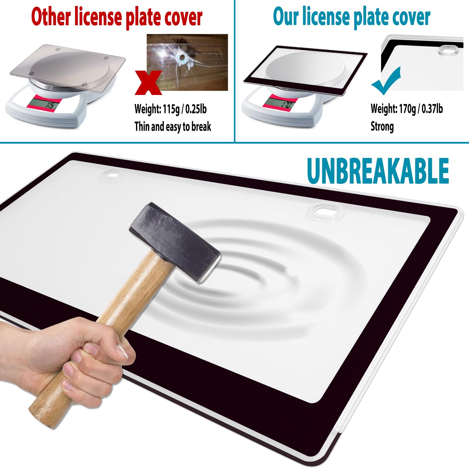 BGGTMO Clear License Plate Covers- Black Car Tag Frame, Unbreakable Number Plate Protector with Screws Caps and Rattle Proof Pads, 2 Pack for Front Rear