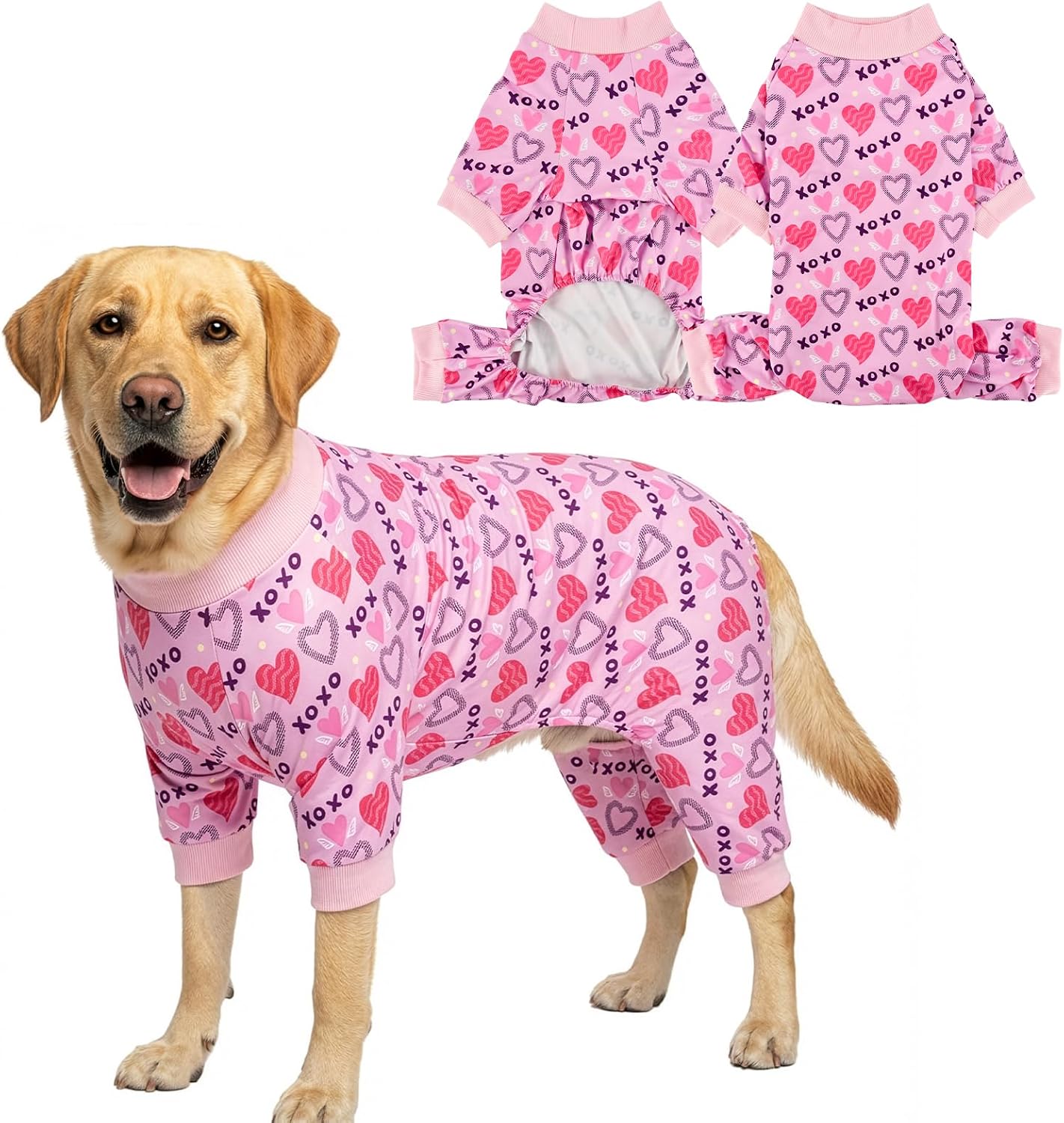 Valentine's Day Dog Pajama Heart Pattern Dog Onesie Jumpsuits Soft Pet Love-Themed Pjs Festival Dog Outfit Costume Apparel Clothes for Medium Large Dogs Pink XXL
