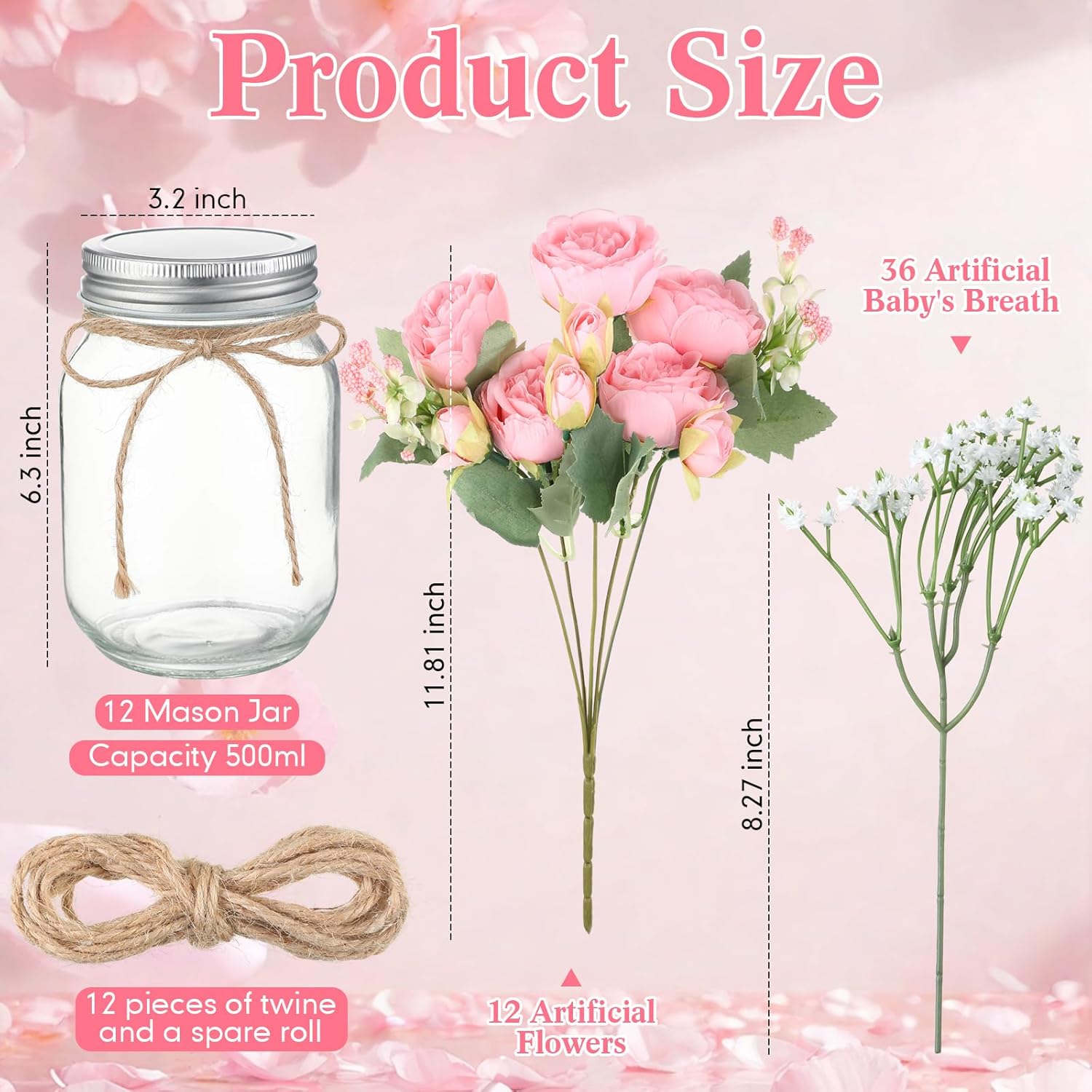 Zeyune 12 Sets Mason Jar Centerpiece Table Decorations, Artificial Peony Baby's Breath Flower Bouquets, Faux Flowers with Vase, Rustic Decor Gifts for Home, Wedding, Holiday (Light Pink)