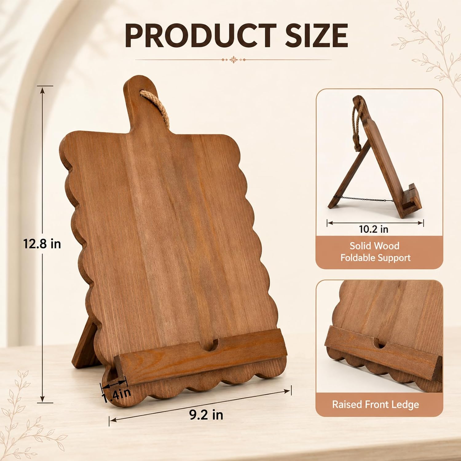 FYSUIMU Scalloped Wooden Cookbook Stand, Rustic Recipe Book Holder