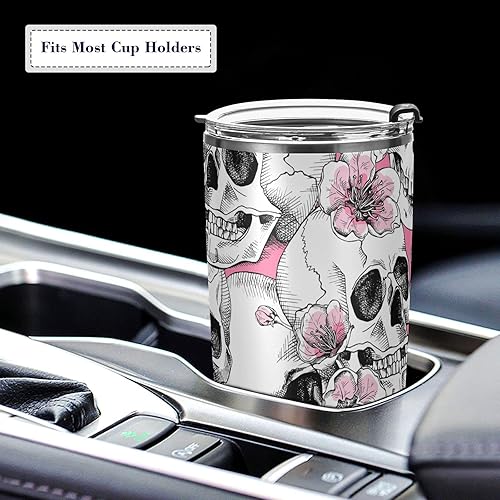 Miniatura 5 de Vaso térmico rosa con diseño de calavera y flores con tapa y pajita, de acero inoxidable, doble pared al vacío, taza de viaje, taza de agua, taza de