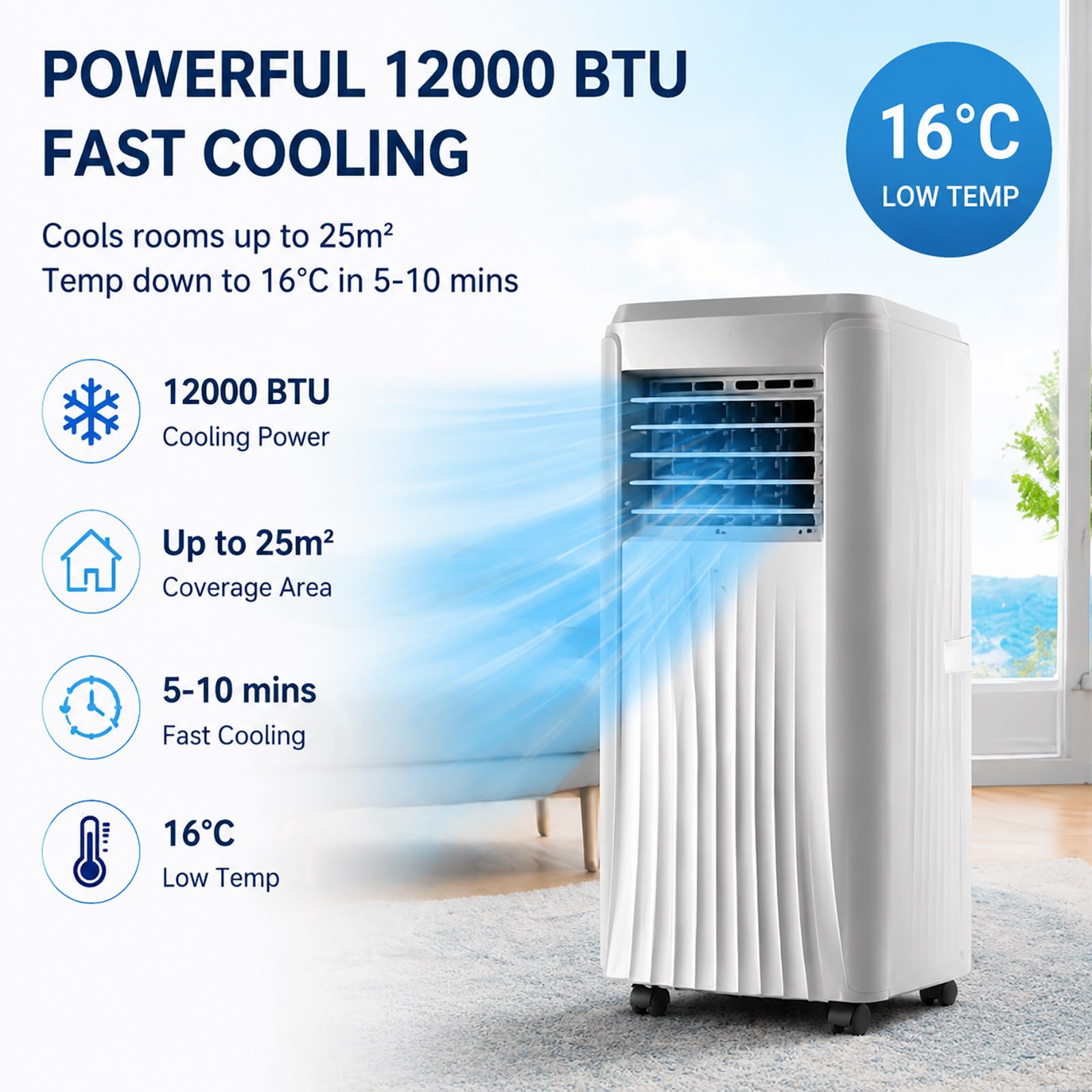 Przenośny klimatyzator 3 w 1 o mocy 12 000 BTU – chłodzenie (powierzchnia 25 m²), osuszanie i wentylacja, timer 24-godzinny, pilot zdalnego sterowania; do domu, biura i akademika