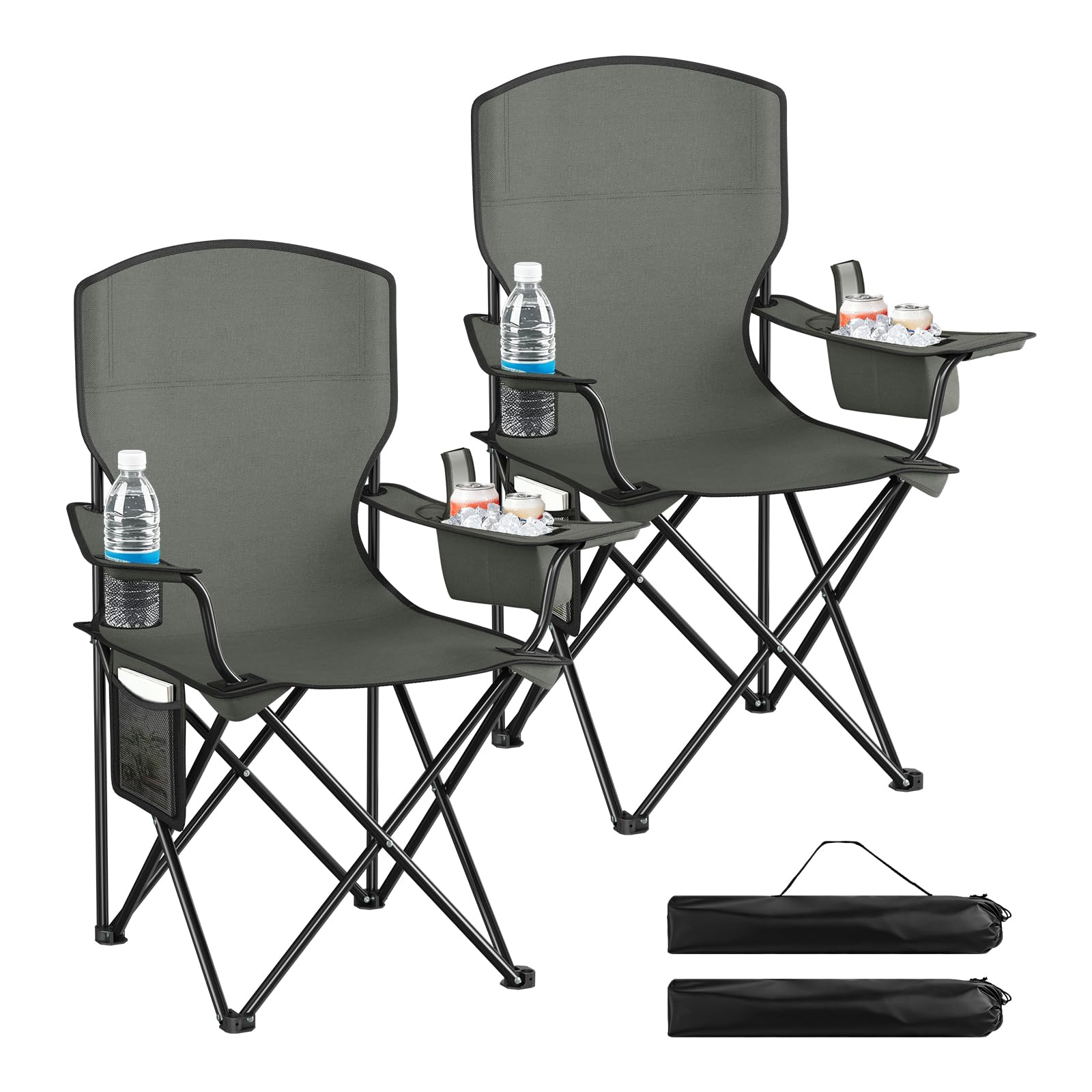 WOLTU Folding Camping Chairs Set of 2 with Cooler Bag, High Back Lightweight Fishing Chairs with Cup Holder, Side Pocket, Outdoor Portable for Garden Picnic Beach, Misty Rock Grey