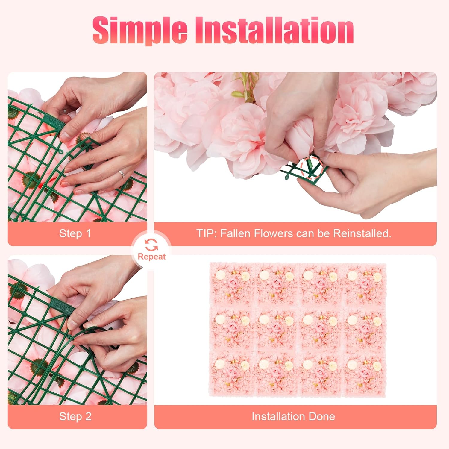 Plastic & Silk 3D Flower Wall Panel, 12PCS Pink & Champagne Artificial Rose Mat Sturdy Floral Backdrop Blooms, for Wedding, Photography & Home Decor (15x15in)