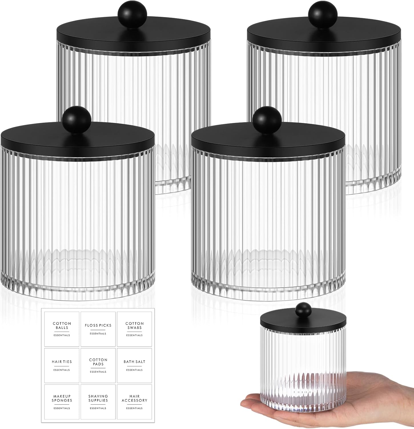 Yaomiao 4 Pcs Plastic Holder Dispenser Bathroom Jars with Black Bamboo Lids and Label Stickers, 18 oz Apothecary Canister with Fluted Design for Cotton Ball, Swab, Floss Picks House Storage