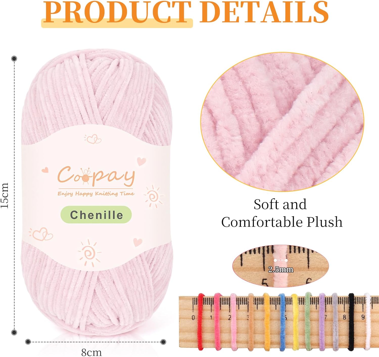 Coopay Skinny Chenille Yarn for Crocheting and Knitting, 12 Pack of 50g/1.76oz - 1764yd Total, Crochet Yarn of Light Weights - Suitable for Baby Blankets, Plush Toys, Garments - Super Soft (Lotus)