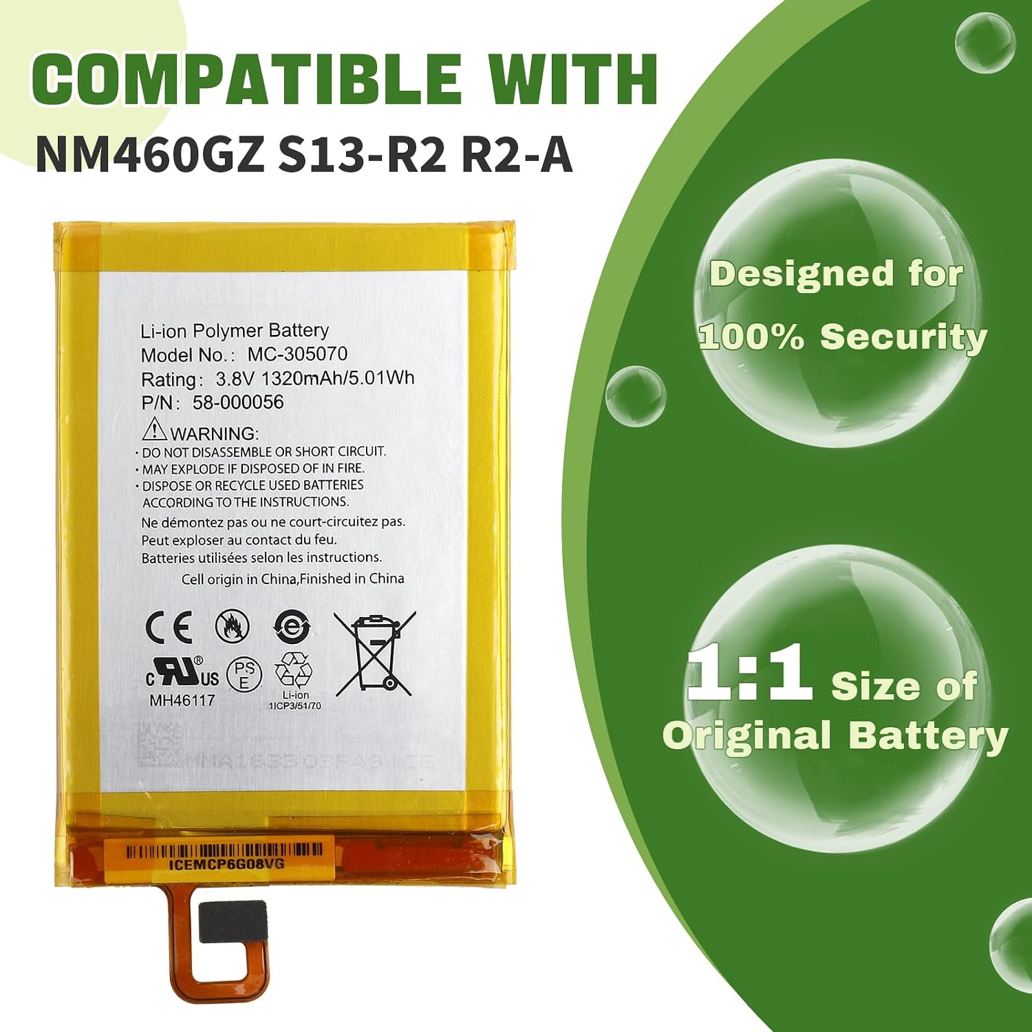 1320mAh New 58-000056 Rechargeable Battery Compatible with Voyage NM460GZ MC-305070 S13-R2 S13-R2-A with Upgraded Repair Tools Kit
