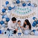 Party Propz 1st Birthday Decoration Kit For Boys - 53 Pcs 12 Months Photo Banner for Birthday, Birthday Banner, Net Curtains, String Light, White, Silver And Blue And Silver Birthday Decoration Kit gallery image