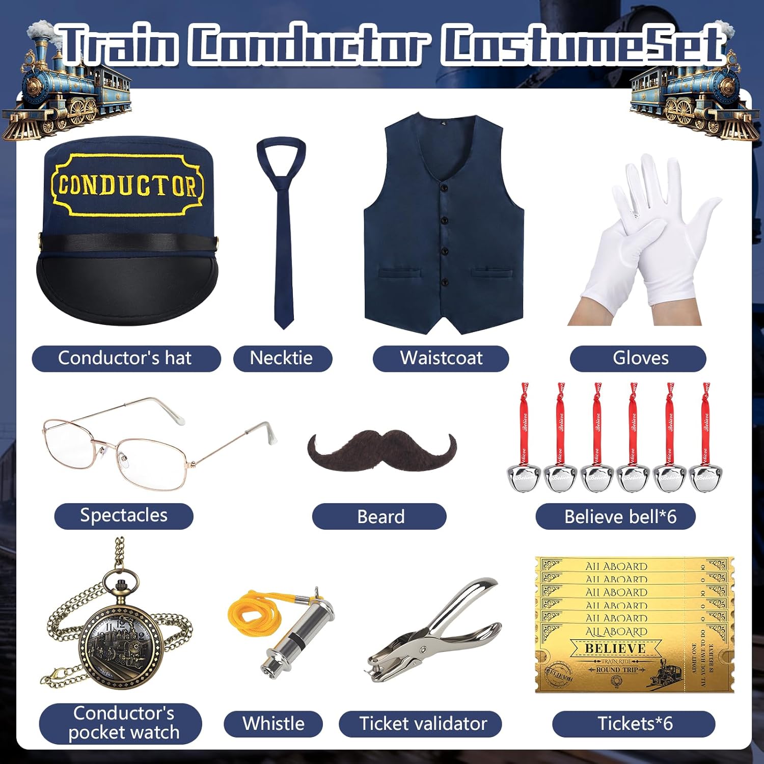 21 Pcs Train Conductor Costume Adult, Conductor Hat Vest Whistle, Believe Bells Train Pocket Watch Christmas Holiday Sticker - Image 2