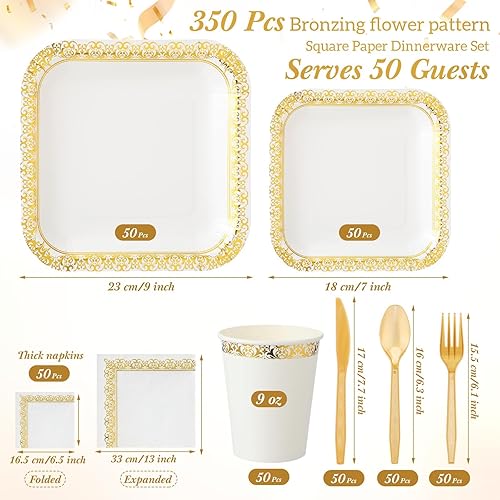 Miniatura 9 de meekoo Juego de vajilla desechable de 350 piezas para 50 invitados, platos de postre de 9 y 7 pulgadas, servilletas con borde dorado, cuchillos de