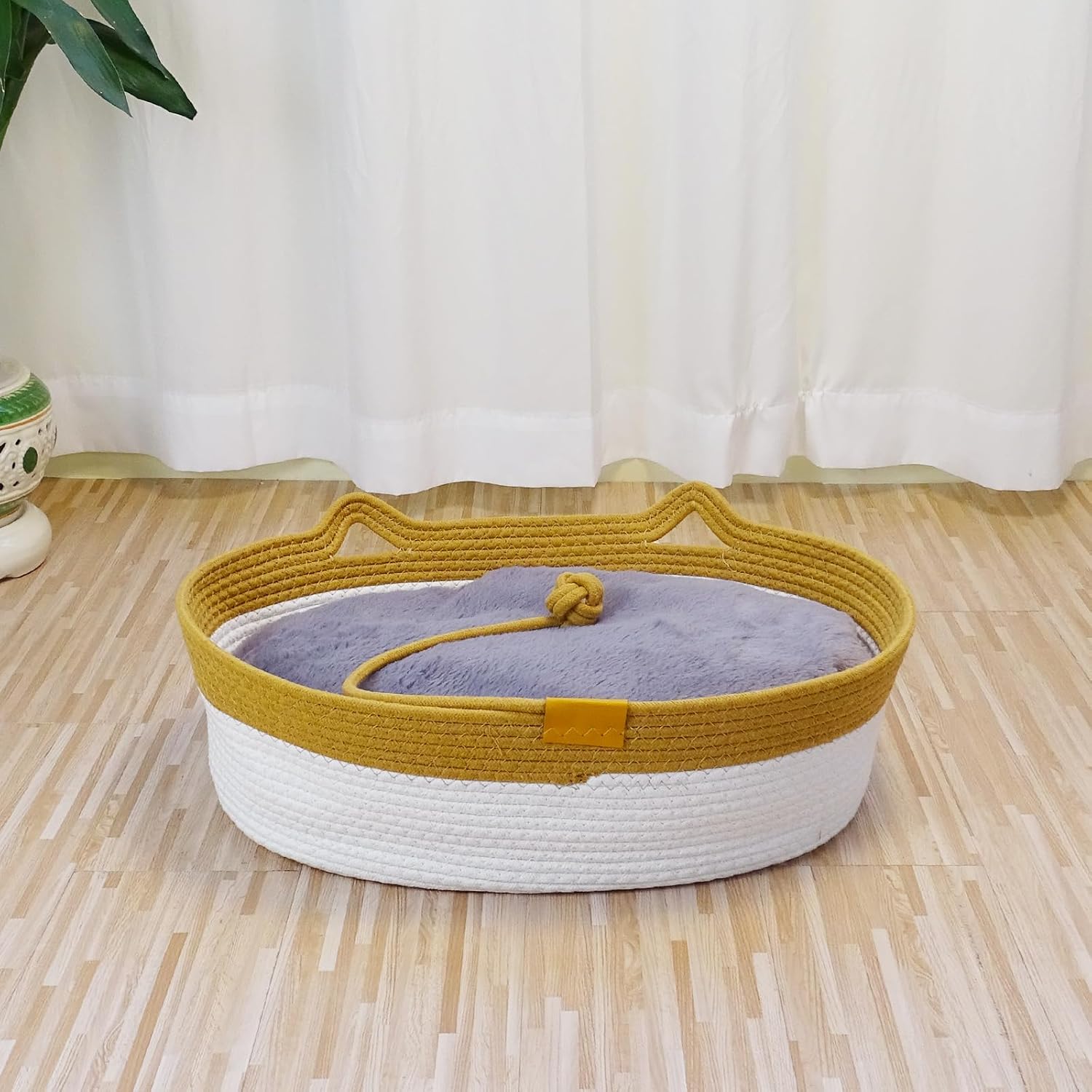 Pet Beds for Cats, Cat Beds for Indoor Cats 19.69"×13.78"×6.30",Cotton Rope Oval Cat Bed for All Seasons (with Cooler Straw Mat and Cotton Mat Both), Suitable for cats＆dogs (Brown - Plush, Medium)