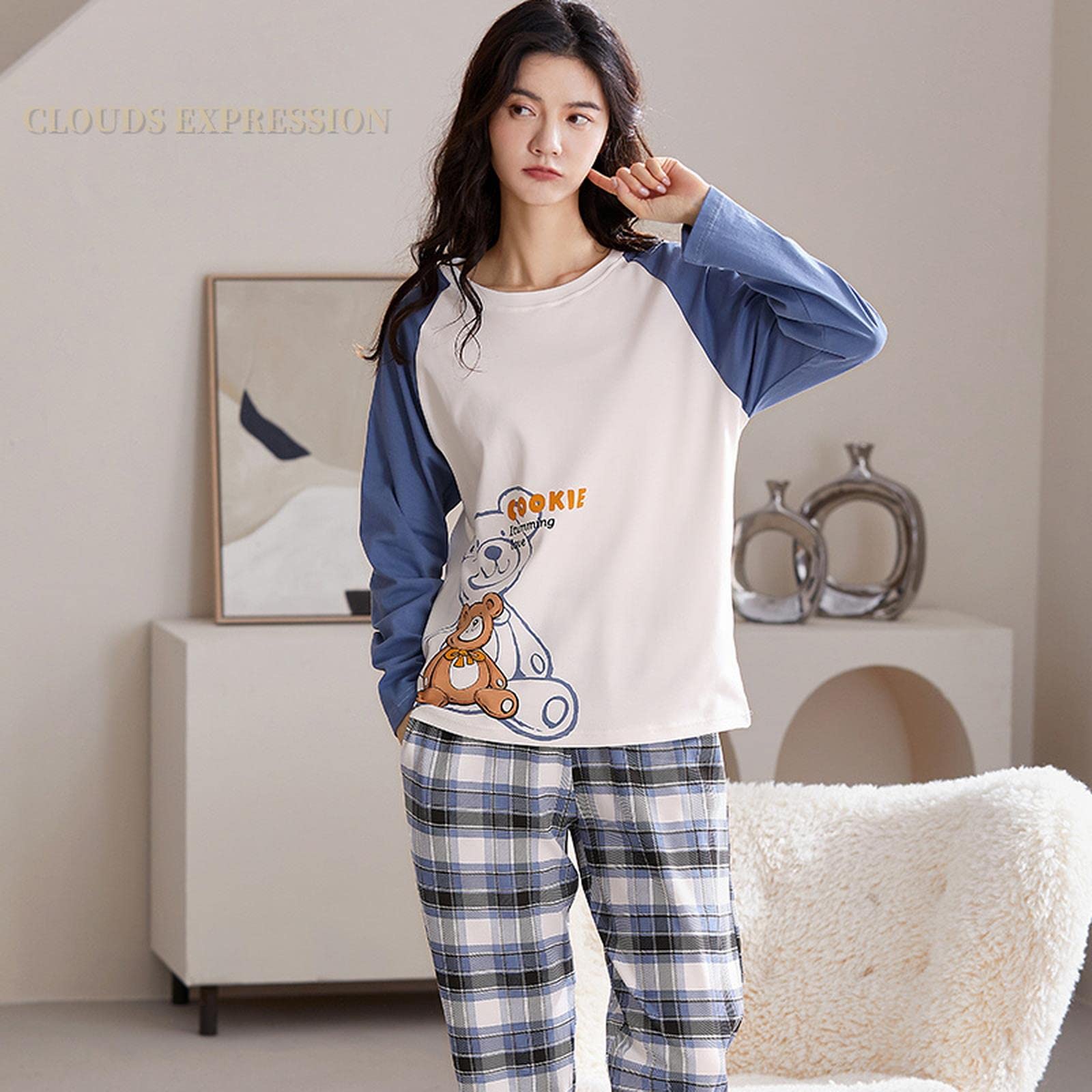MOGSA Pijama para mujer, primavera, otoño, de algodón, elegante, floral, conjunto de ropa de dormir, pantalones a cuadros, para mujer, hogar, W10, M asiático (40-50 kg)