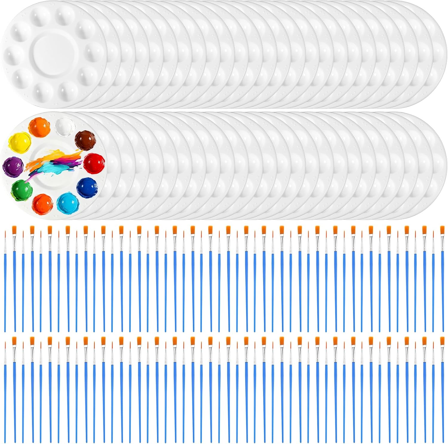 150 Pcs Painting Brushes Palettes Set, Including 50 Painting Palettes with 10 Wells, 100 Small Paint Brushes (Flat/Round), Nylon Brush Head, Paint Supplies for Acrylic Oil Watercolor Canvas Art DIY
