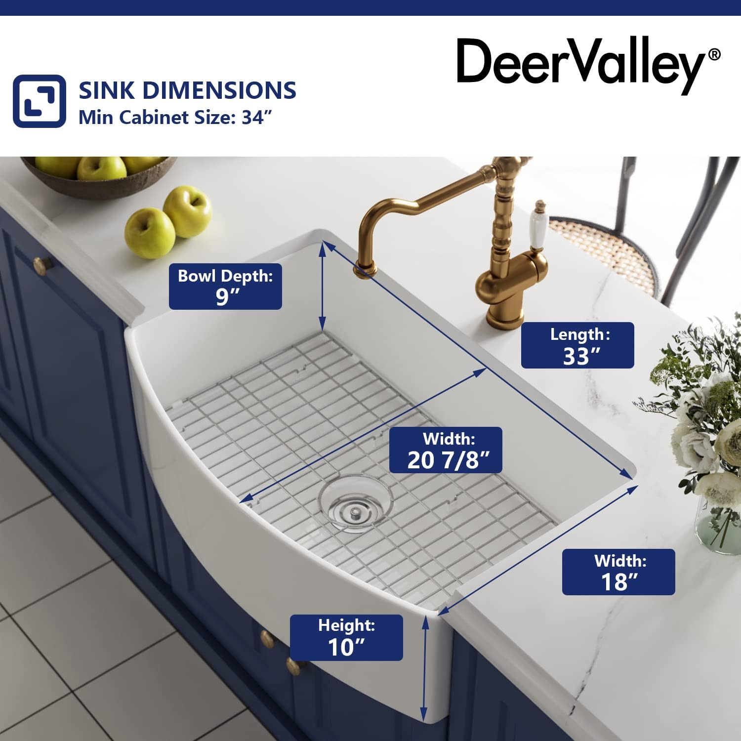 DeerValley Farmhouse Kitchen Sink 33 inch, White Fireclay Apron Front Farm Sinks, Single Bowl Deep Drop In Undermount Sink with Grid and Basket Strainer, Easy to Clean