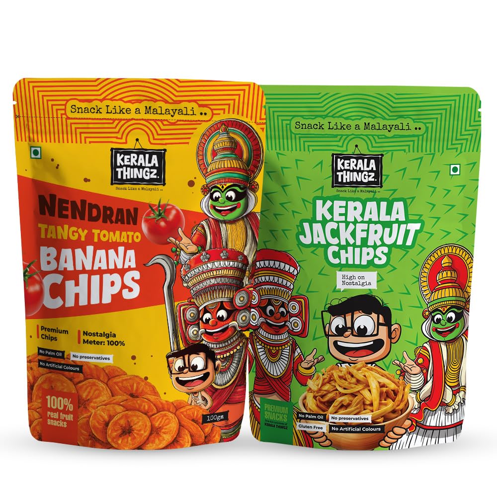 Kerala Thingz Tangy Tomato Banana Chips & Jackfruit Chips Combo Pack 250g (100g + 150g) | Flavored Kerala Banana Chips | Authentic Kerala Snacks | Crunchy Indian Chips | No Palm Oil, No Preservatives