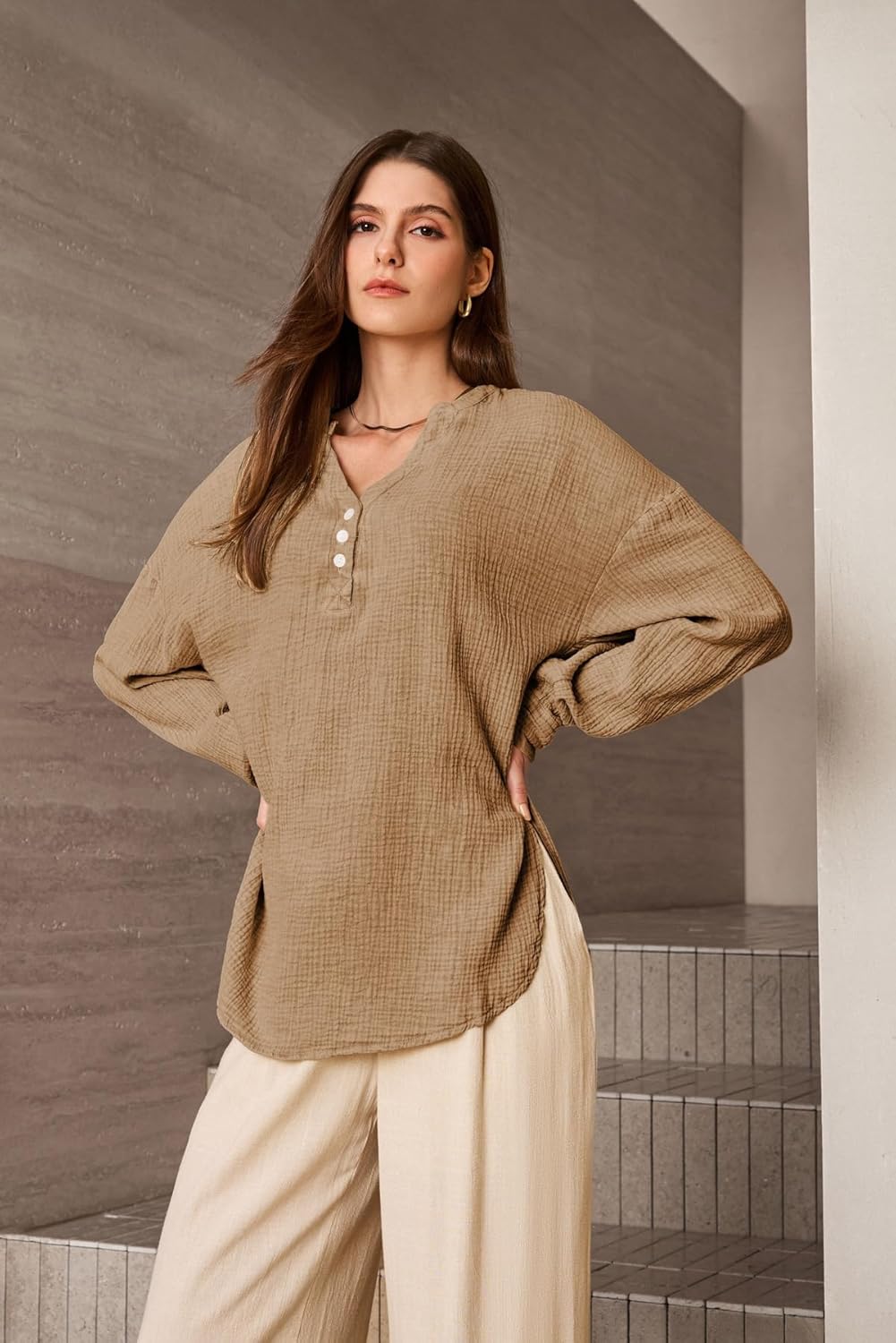 Dokotoo Womens Casual Button V Neck Long Sleeve Shirts Oversized Solid Blouses Tops - Image 3