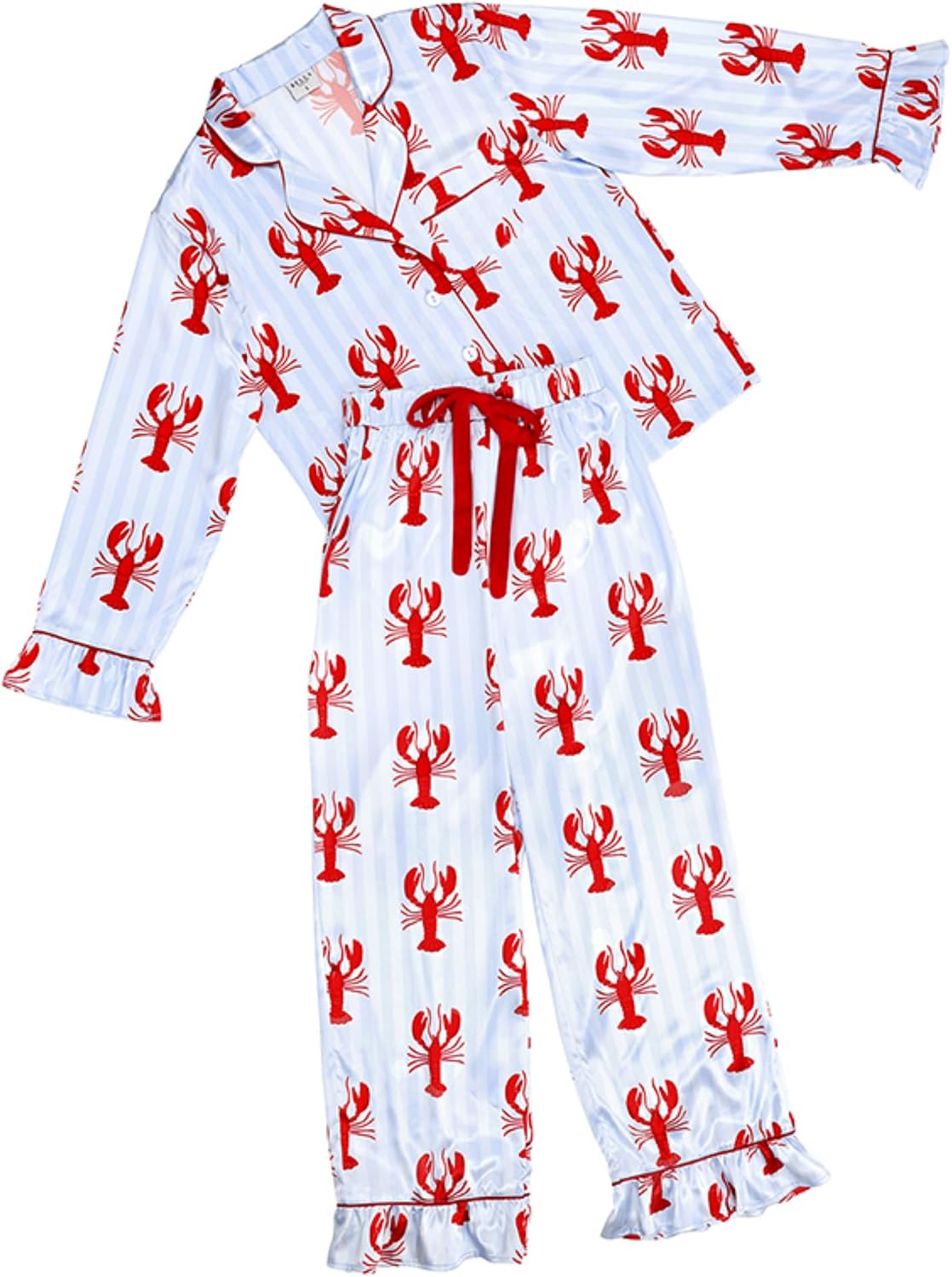 Bella Sleep + Spa Pajamas for Women Loungewear 2-Piece Silky Satin Ruffled Long Sleeve Top and Pants, Large, Blue Stripes + Red Lobsters