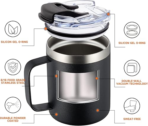 Miniatura 9 de ALOUFEA Taza de café aislada de acero inoxidable de 12 onzas con asa, taza de viaje al vacío de doble pared, vaso con tapa abatible, azul marino y