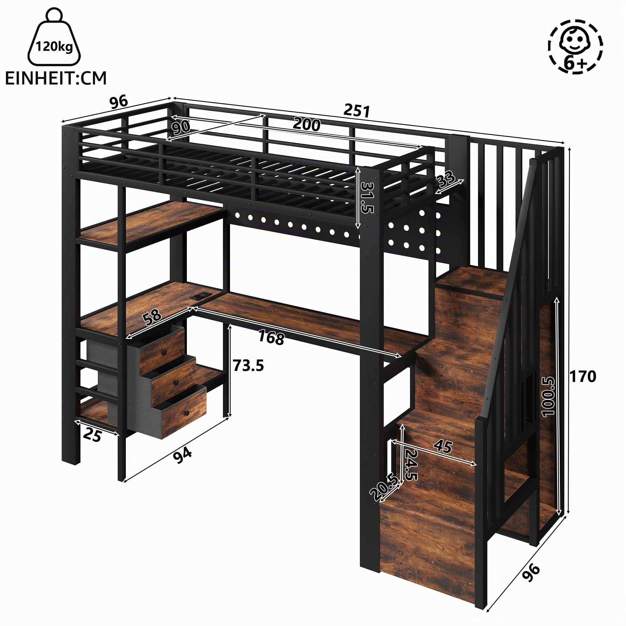Moimhear Hochbett, Metallbett, mit Ablagefläche, Schublade, Lochwand, Tisch, Steckdose, ohne Matratze (Schwarz, 90x200cm)