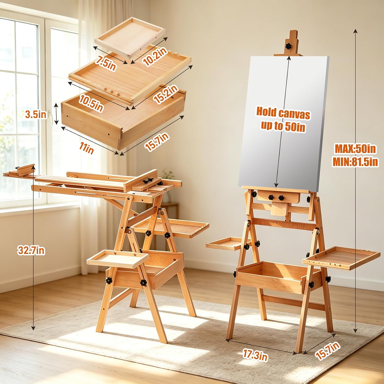 Wood H-Frame Easel, Large Painting Easel with Storage Box and Palette, Solid Beech Wood Made Professional Foldable Studio Art Easel Stand for Painting, Holds Canvas up to 50"