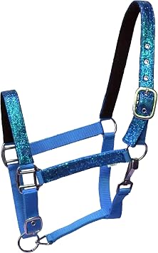 Full Horse Sized Nylon Glitter Halter with Neoprene Lined Nose and Crown Blue