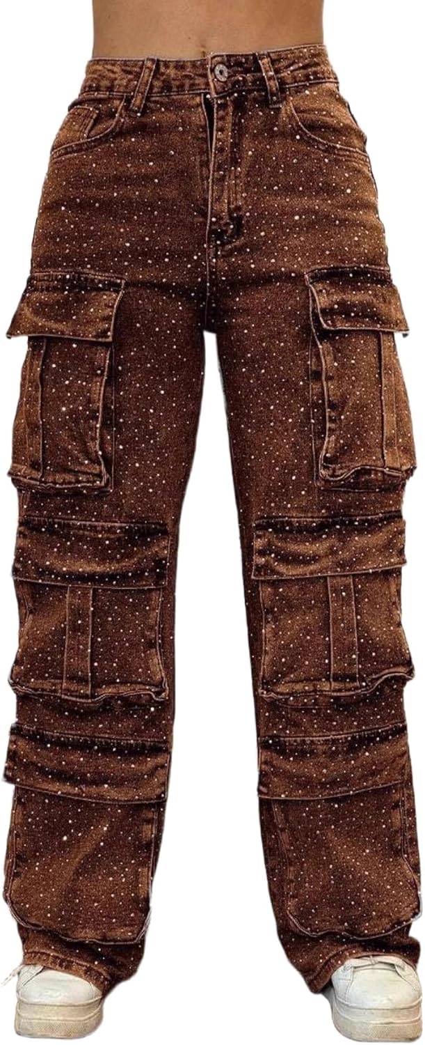 Women's Rhinestone Casual Cargo Jeans High Waisted Bling Sparkly Y2K Baggy Wide Leg Diamond Denim Trousers Multi-Pocket