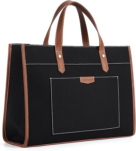 Miniatura 8 de Missnine Bolsa de lona para laptop de 15.6 pulgadas, bolsa de hombro de trabajo, maletín casual para viajes, oficina, universidad (negro + marrón),