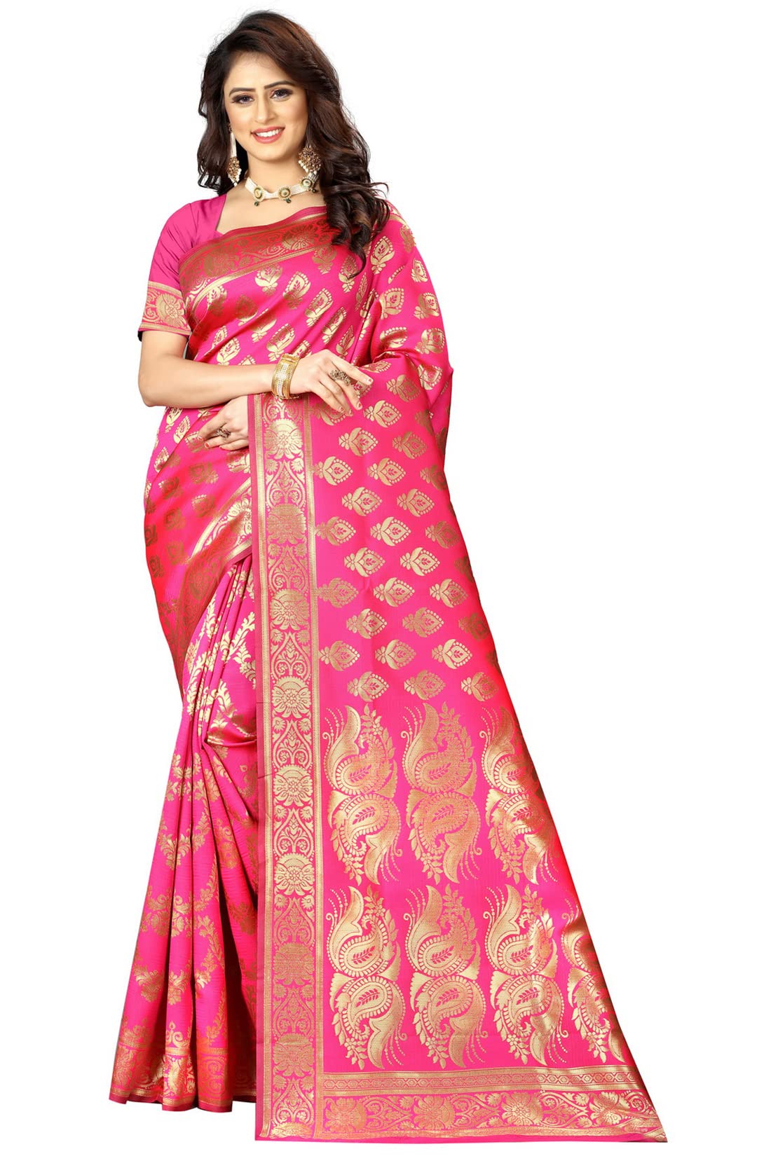 Sugathari Women's Art Silk Pink Kanchipuram Saree (San Pari 75 Pink)