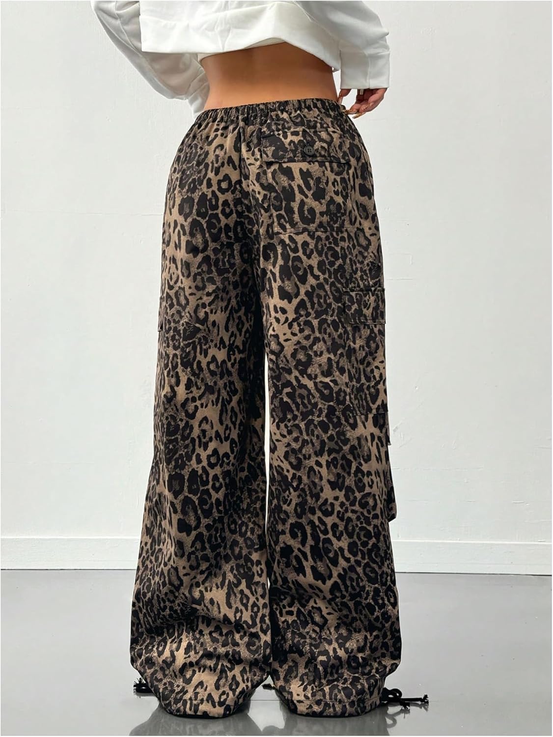 Milumia Women's Leopard Print Cargo Pants Y2k Low Waist Drawstring Loose Jeans with Pockets - Image 2