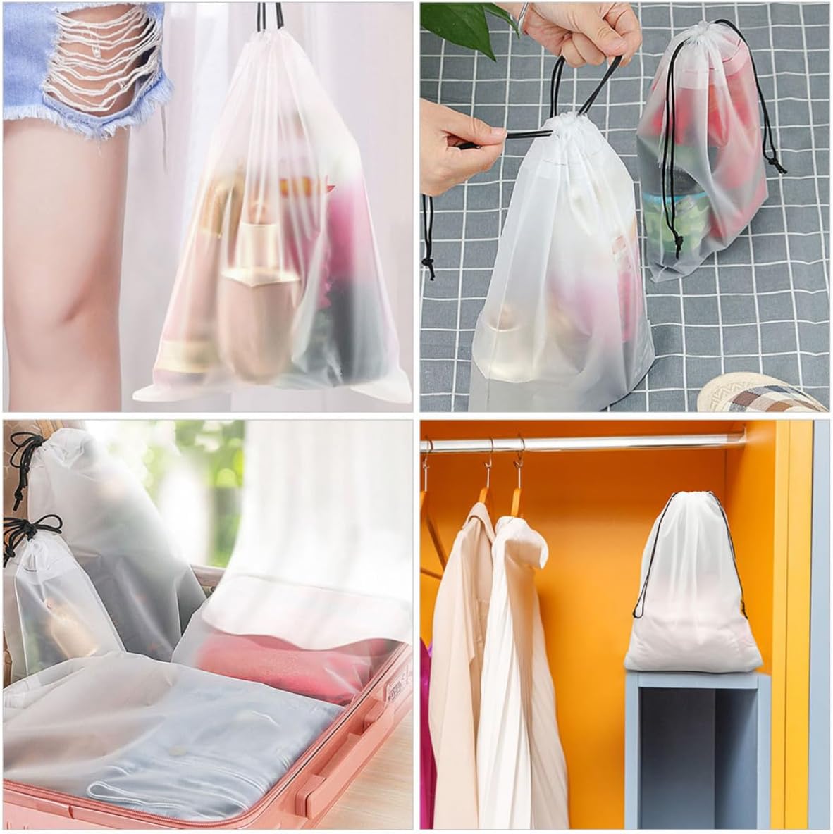 15pcs White PE Drawstring Storage Bag for Laundry, Shoes, Travel
