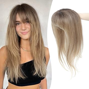 Ms Taj 18 Inch Hair Topper with Clip in Bangs, Synthetic Fluffy 4"x5" Layered Straight Toppers for Women, 360 3D Cover Bangs Hairpiece for Thinning HairNatural Blonde with Dark Root