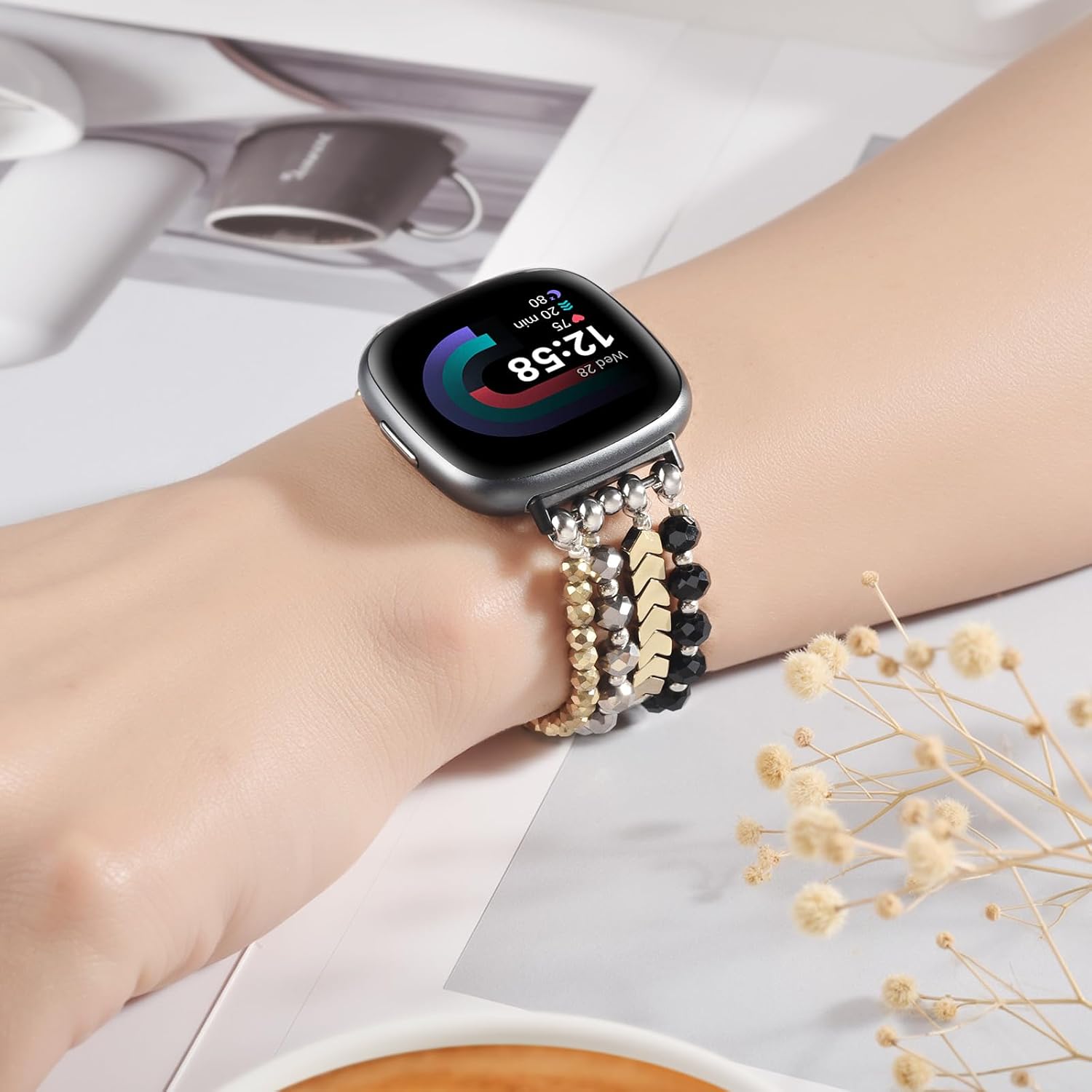CAGOS Bracelet Compatible with Fitbit Versa 4 Bands/3/Sense/Sense 2 for Women, Handmade Beaded Elastic Replacement Wristband for Versa 2/1/Lite Watch/Special Edition Watch image 4