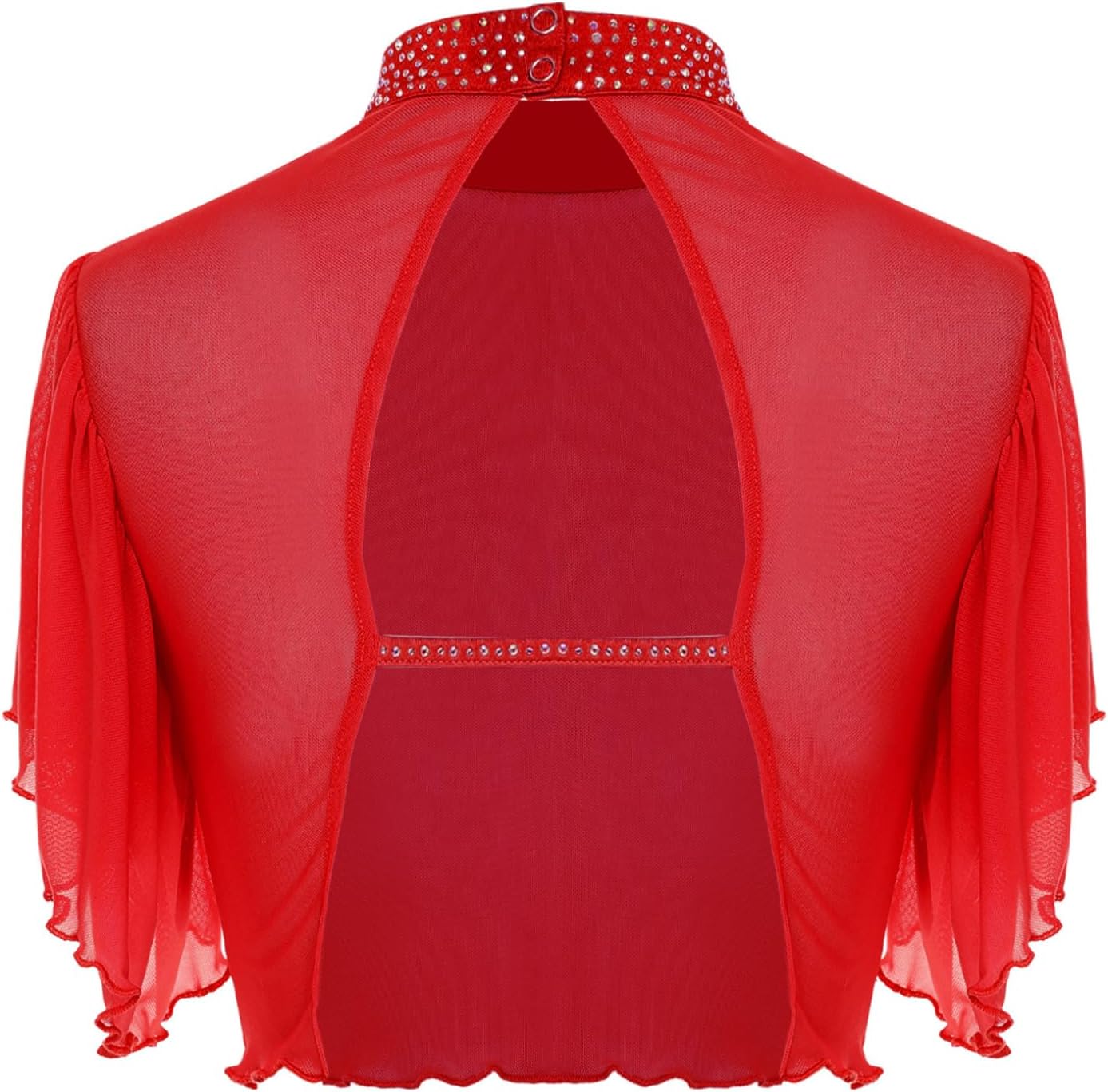 ACSUSS Women's Dance Crop Tops Lyrical Dance Costume Mock Neck Cardigan Ruffle Short Sleeve Open Sheer Tops