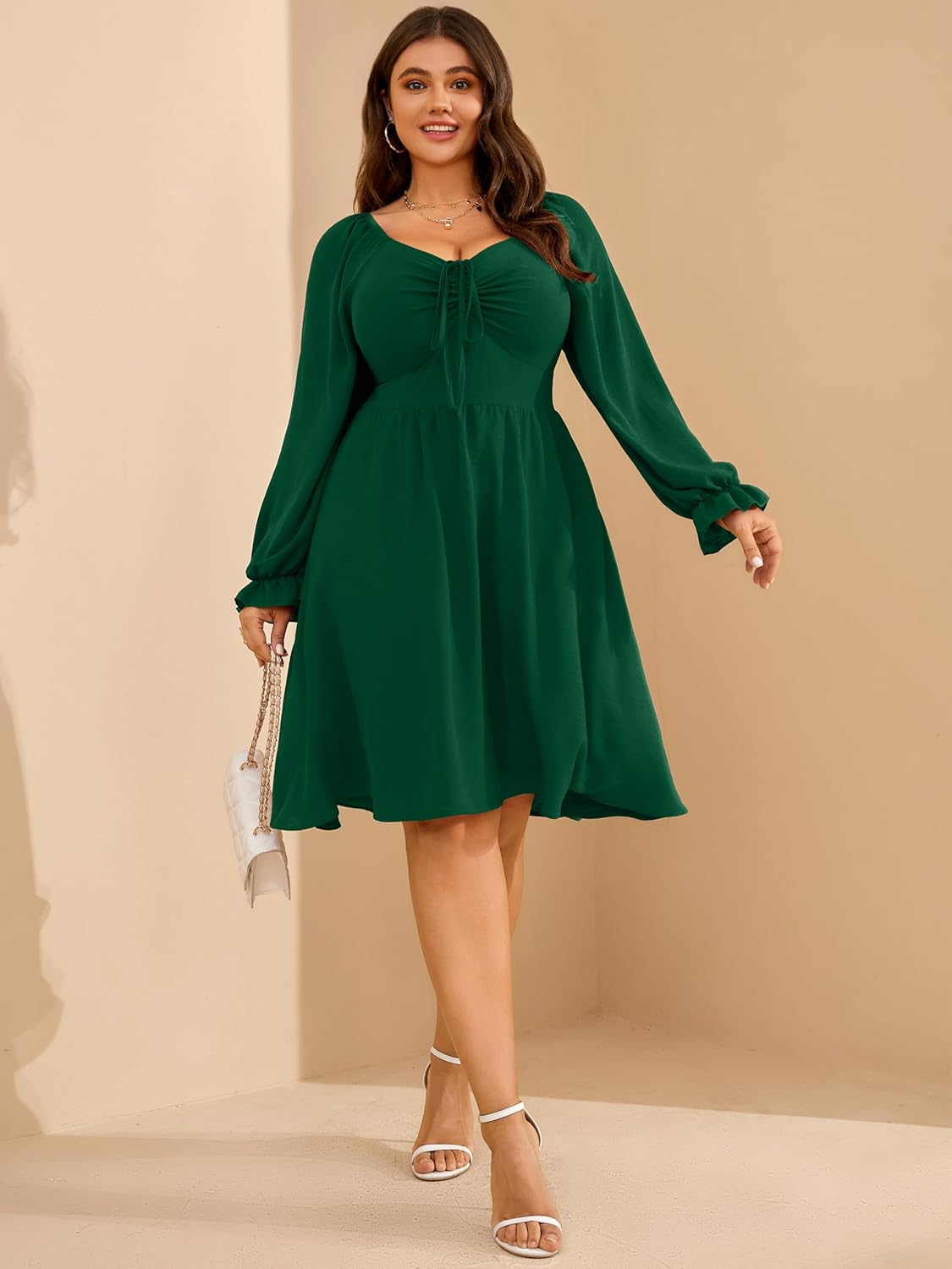 RWJ Women Plus Size Summer Dress Long Sleeve Tie Front Sweetheart Neck A-Line Casual Mini Wedding Guest Dresses 2025 - Image 5