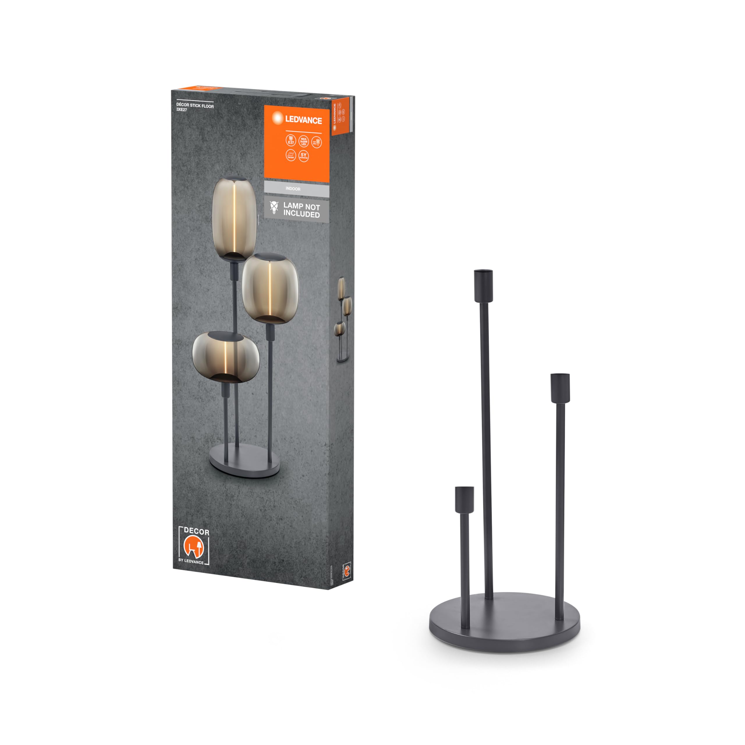 LEDVANCE Dekorative Stehleuchte mit 3x E27-Fassung, drei Ständer (Höhe 36cm, 59cm und 78cm), Dunkelgrau, mit 1.8m Stromkabel, perfekt passende OSRAM 1906 LED Lampe separat erhältlich
