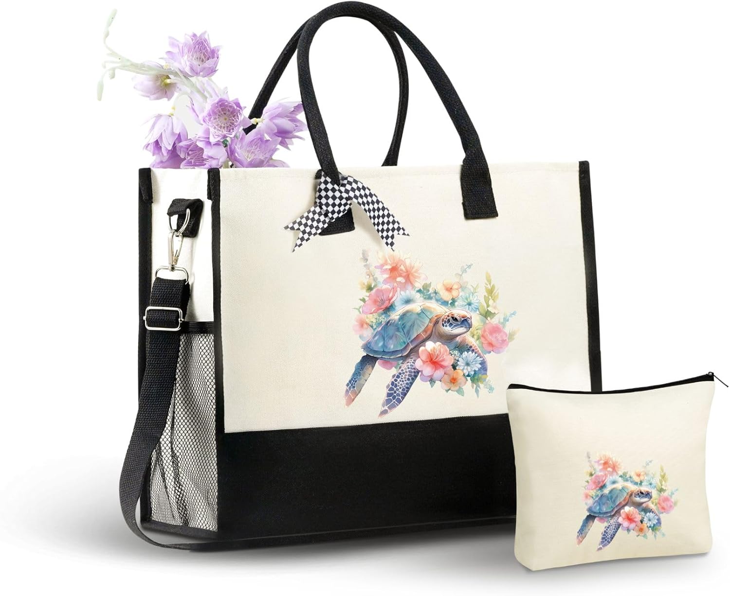 InnoBeta Turtle Gifts for Women Canvas Tote Bag, Turtle Gifts Tote with Top Zipper Closure and Shoulder Strap for Birthday, Mother's Day, Christmas