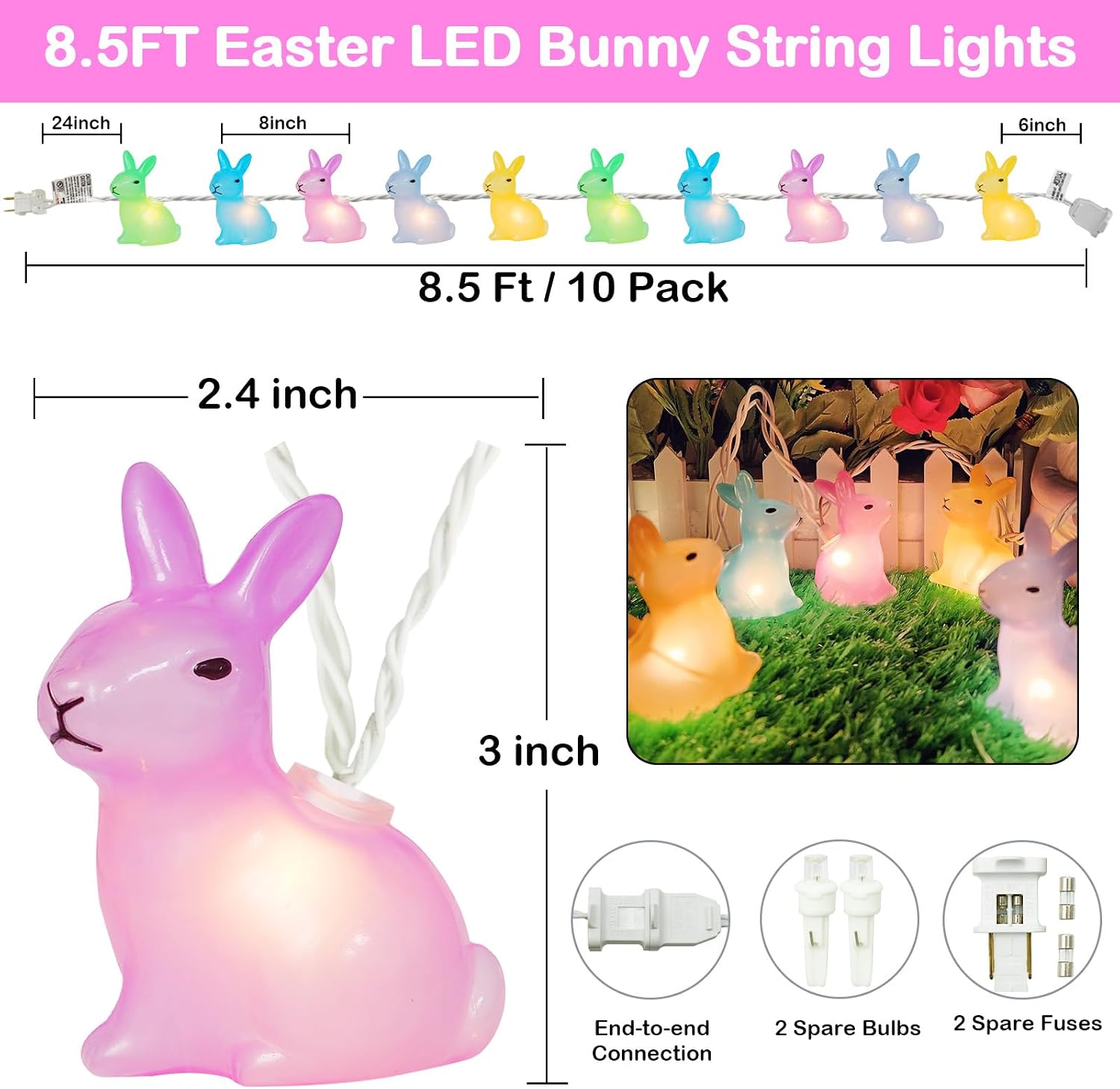 Couah 8.5Ft Multicolor Easter Lights with 10 LED Bunny Lights Plug in Easter String Lights Waterproof for Home Indoor Outdoor Garden Spring Party Easter Decorations