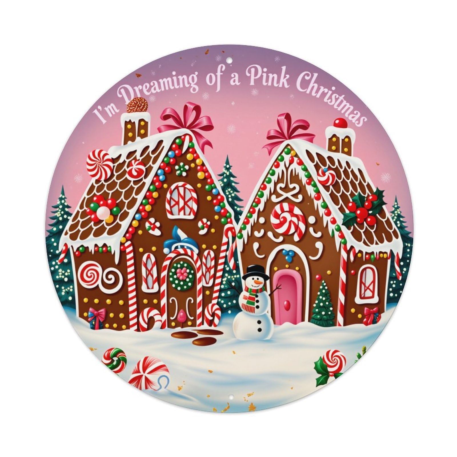 Wmlzdnwr Vintage Pink Christmas Gingerbread Houses Snowman Candy Canes Round Tin Sign,Retro Wall Art,Metal Poster For Home, Bar, Garage, Cafe, Rustic Indoor & Outdoor Decor, 8X8 Inches