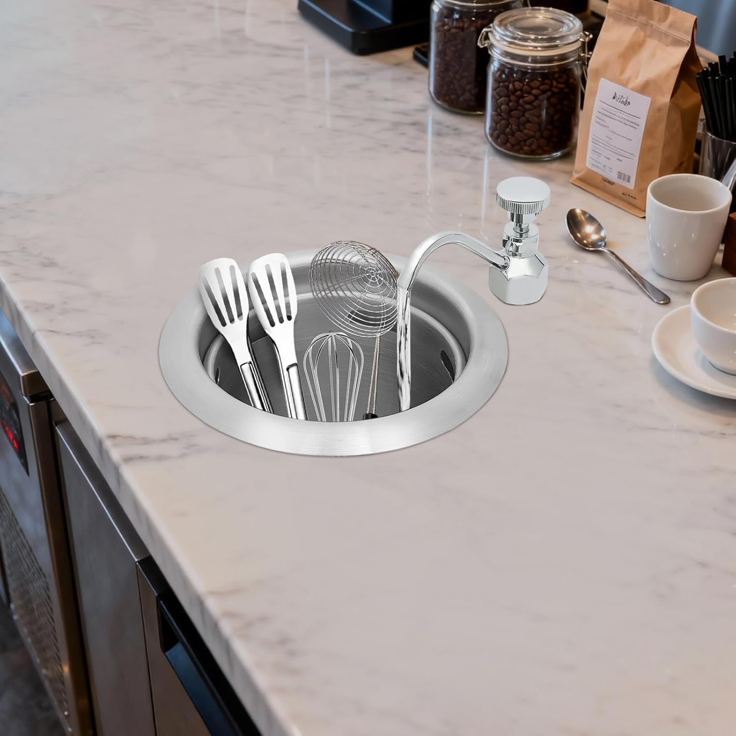 Commercial Dipper Well Faucet & Bowl Set, Coffee Shop Bar Counter Sink Faucets Set, Stainless Steel Dipperwell Faucet for Coffee Shops Ice Cream Shop Wet Bar RV Sinks (Standard Bowl)