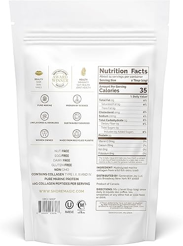 Miniatura 2 de Shore Magic Polvo de colágeno marino prémium con tipo I II III y IV, péptidos hidrolizados para mujeres y hombres, procedentes de pescado silvestre,
