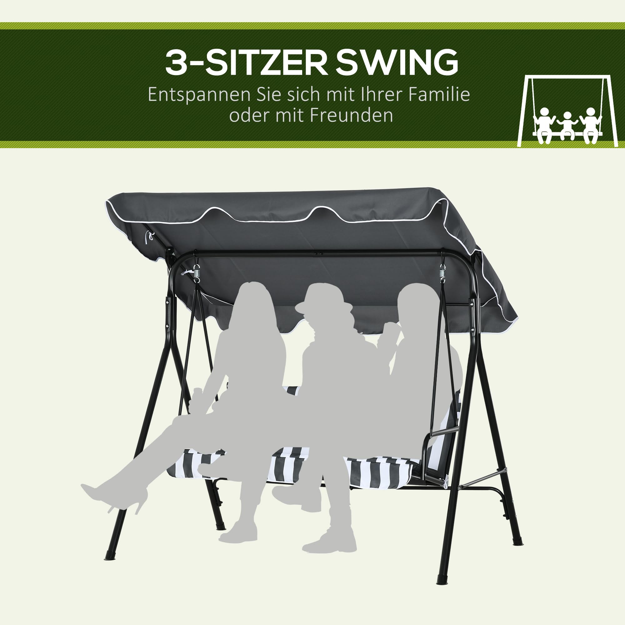 Outsunny Hollywoodschaukel mit Sitzpolster, 3-Sitzer Gartenschaukel mit verstellbarem Sonnendach, Schaukelbank belast bis 240 kg, für Garten, Terrasse, 172 x 110 x 153 cm, Grau+Weiß