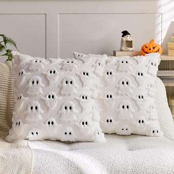 Halloween Pillow Covers 16x16 Inch Set of 2 White Ghost Throw Pillow Covers Indoor Outdoor Decorative Soft Plush Faux Fur Cushion Cases for Sofa Couch Bed Living Room Halloween Home Decor