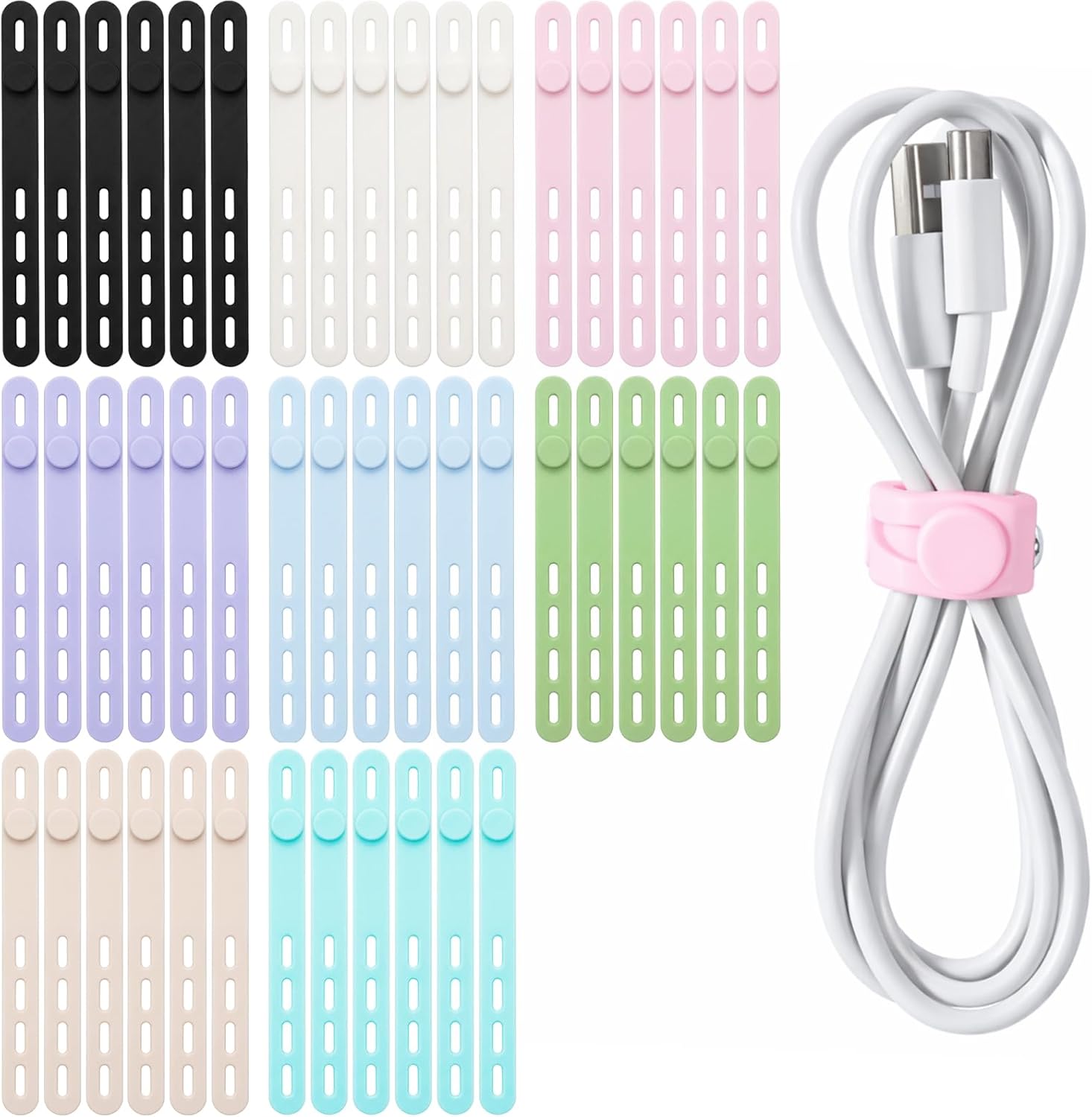 Shappy 48 Pcs Silicone Cable Ties Reusable Cord Organizer with 4-hole Design, Colorful Flexible Cable Wraps for Charging Cords, Power Cables, Hair Dryer Wire, Travel, Home Office Organization, 8 Color