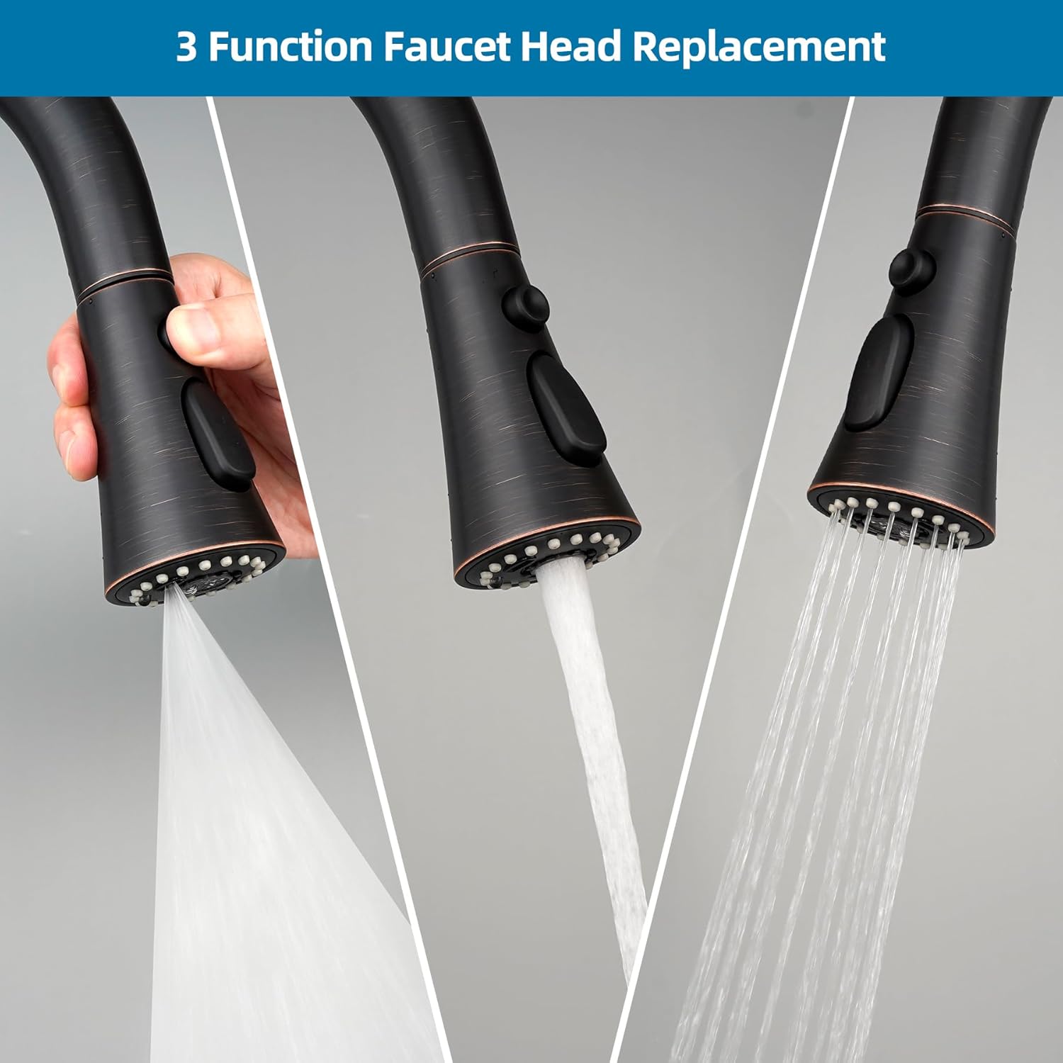 Kitchen Faucet Head Replacement, Pull Down Kitchen Faucet Sprayer Head with 15 Adapter Kit, 3 Function Kitchen Sink Faucet Spray Head, Oil-Rubbed Finish Kitchen Faucet Sprayer